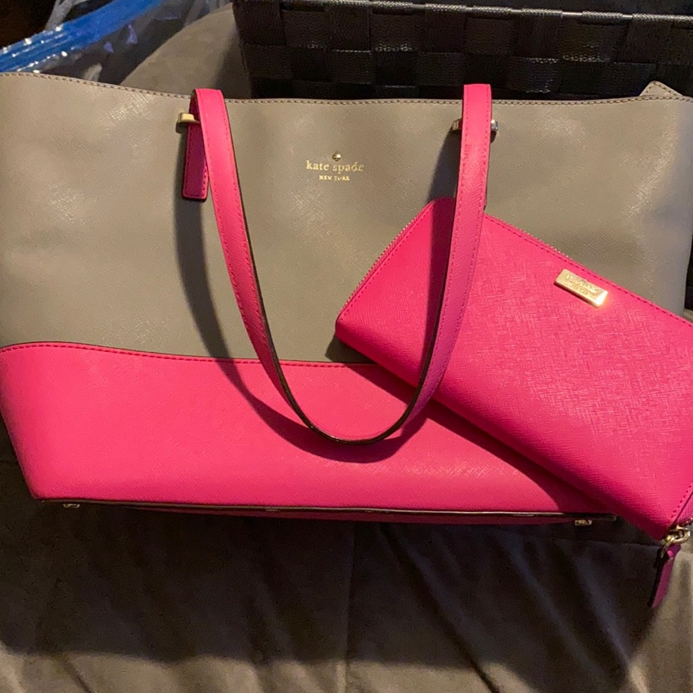 Gray and pink Kate Spade purse with matching wallet